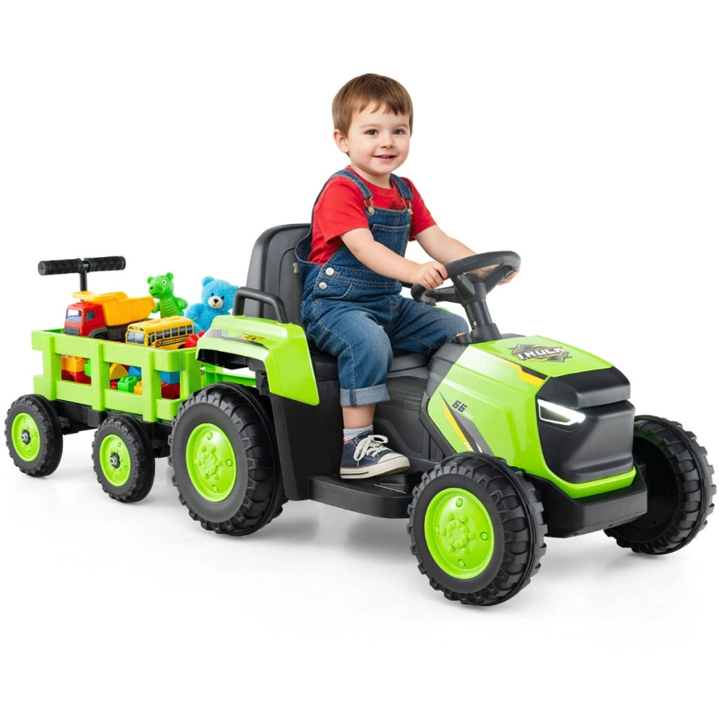 Trattore elettrico 12V con rimorchio staccabile e controllo remoto, Giocattolo trattore alimentato a batteria per bambini Verde-Macchinine giocattoli
