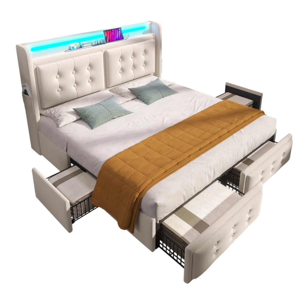 Letto matrimoniale 180x200 beige LED USB-C con 4 cassetti