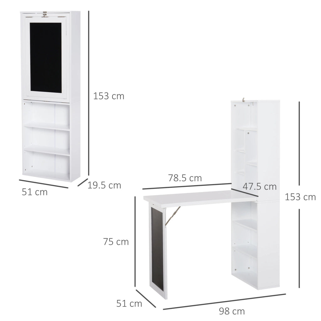 Easycomfort Scrivania PC Pieghevole con Libreria a 9 Ripiani in Legno e Metallo, 98x51x153 cm, Bianco
