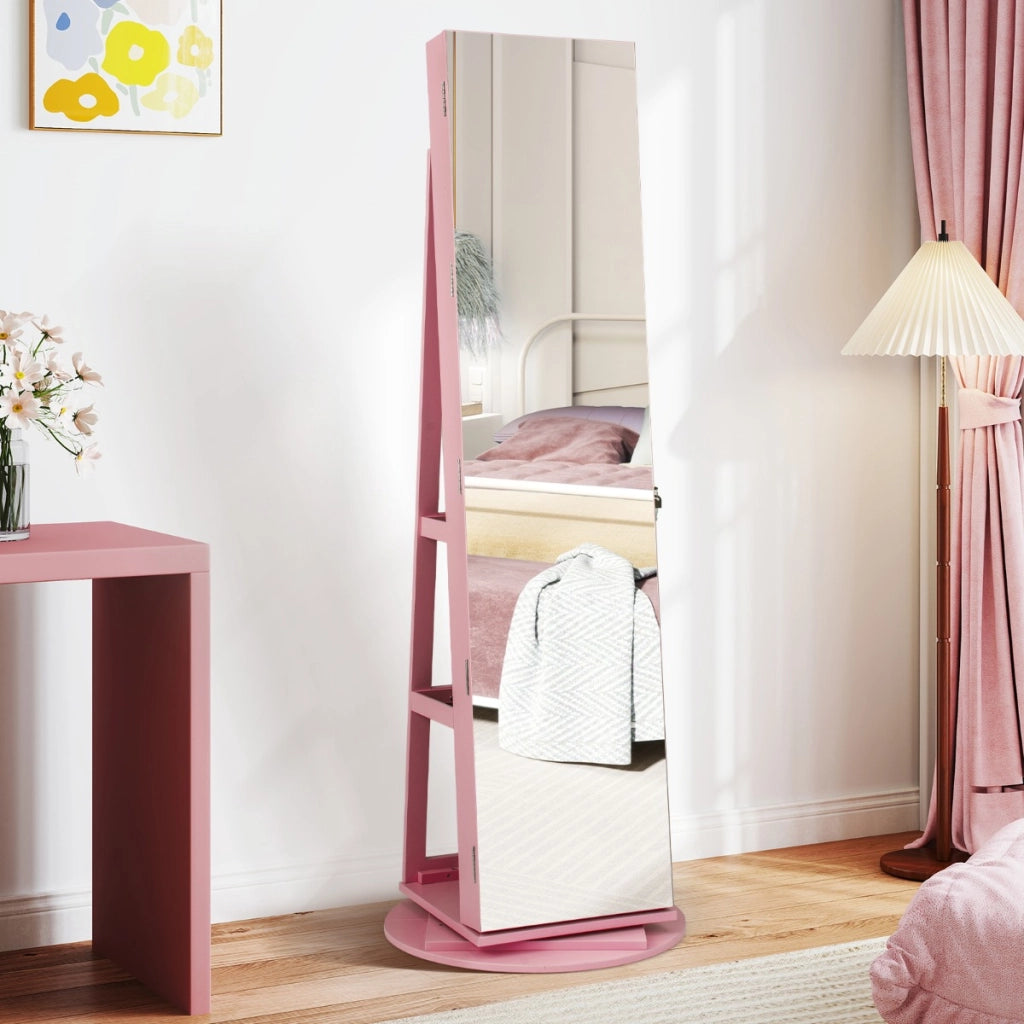 Armadio portagioielli girevole con specchio a figura intera luci LED, Organizer da terra di gioielli Rosa-Armadietti per gioielli