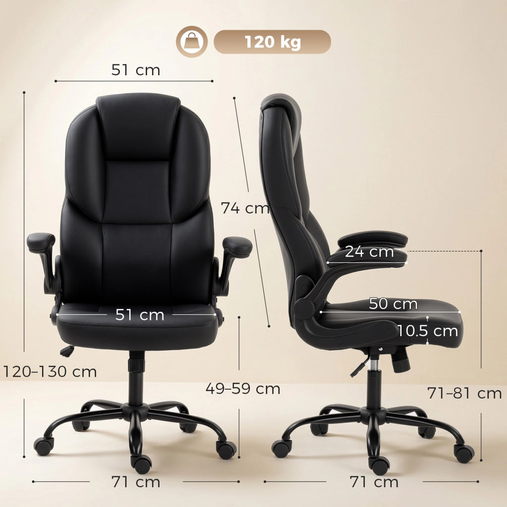 Sedia Ufficio Girevole 71x71x120-130 cm Funzione Dondolo Braccioli Ribaltabili Schienale Alto in Pelle PU Nero