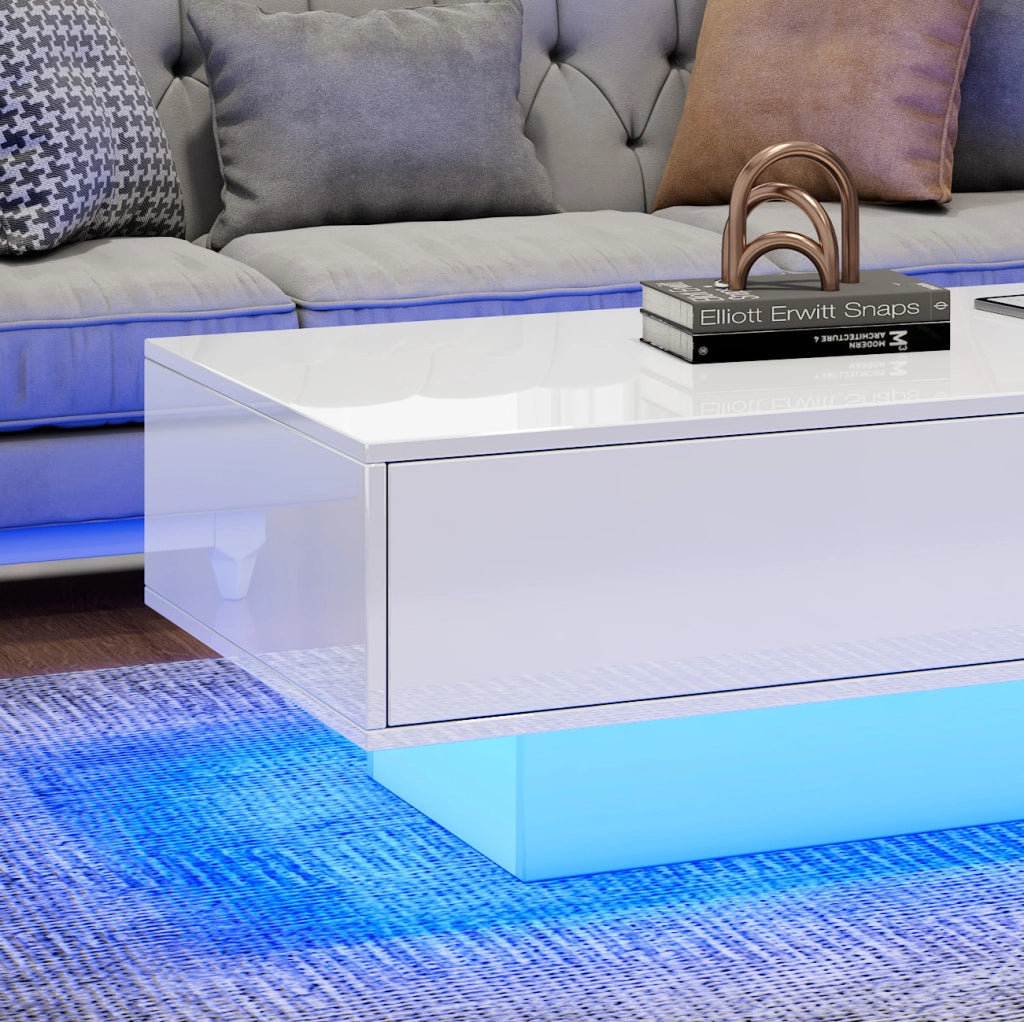 Tavolino da caffè bianco lucido 115 x 55 x 34 cm con 2 cassetti e LED