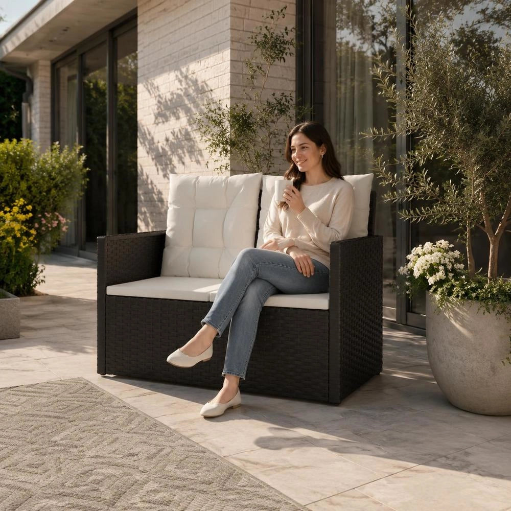 Garden Bench With Cushion, Black, 105 Cm, Poly Rattan