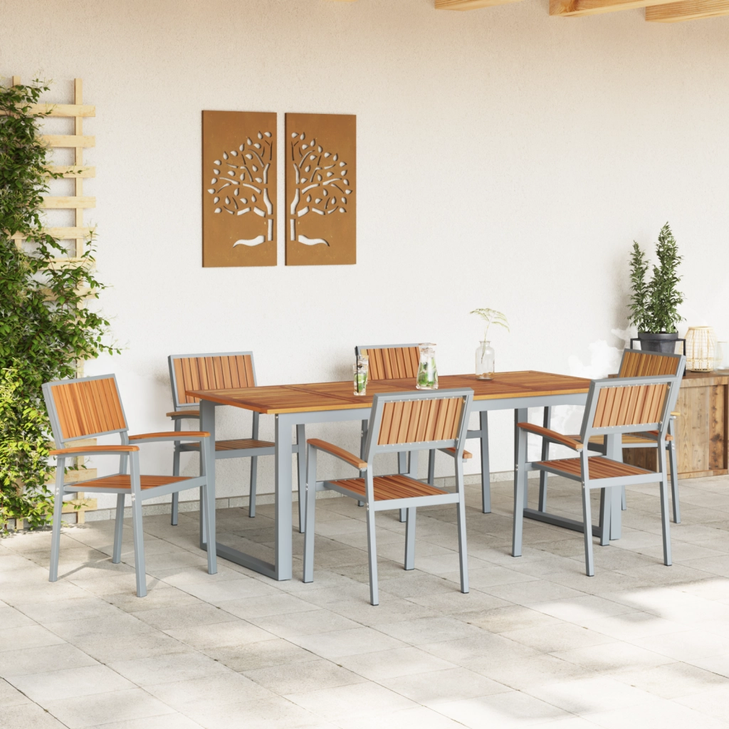 Sedie da giardino impilabili 6 pz Grigio Acciaio e legno massello di acacia
