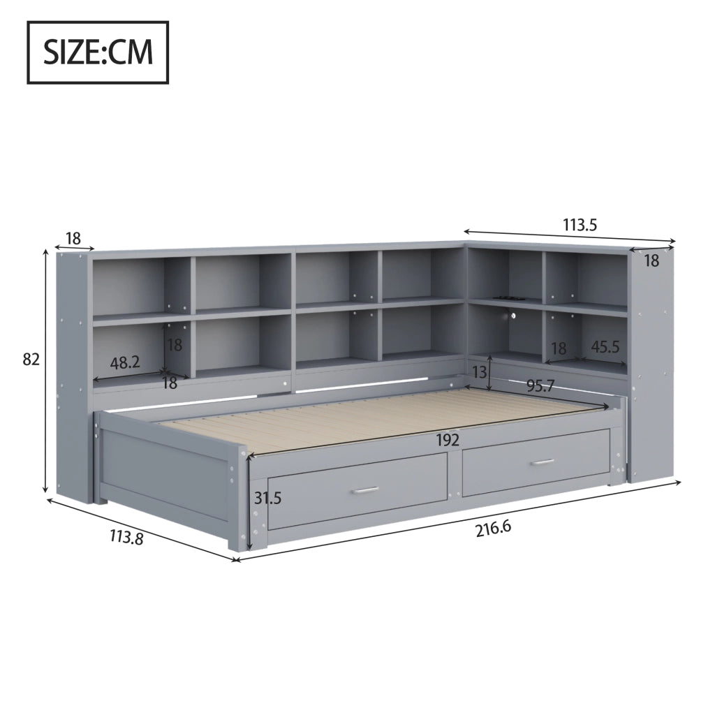 LETTO Multifunzione Estraibile 90/180x190 cm Legno Grigio con cassetti