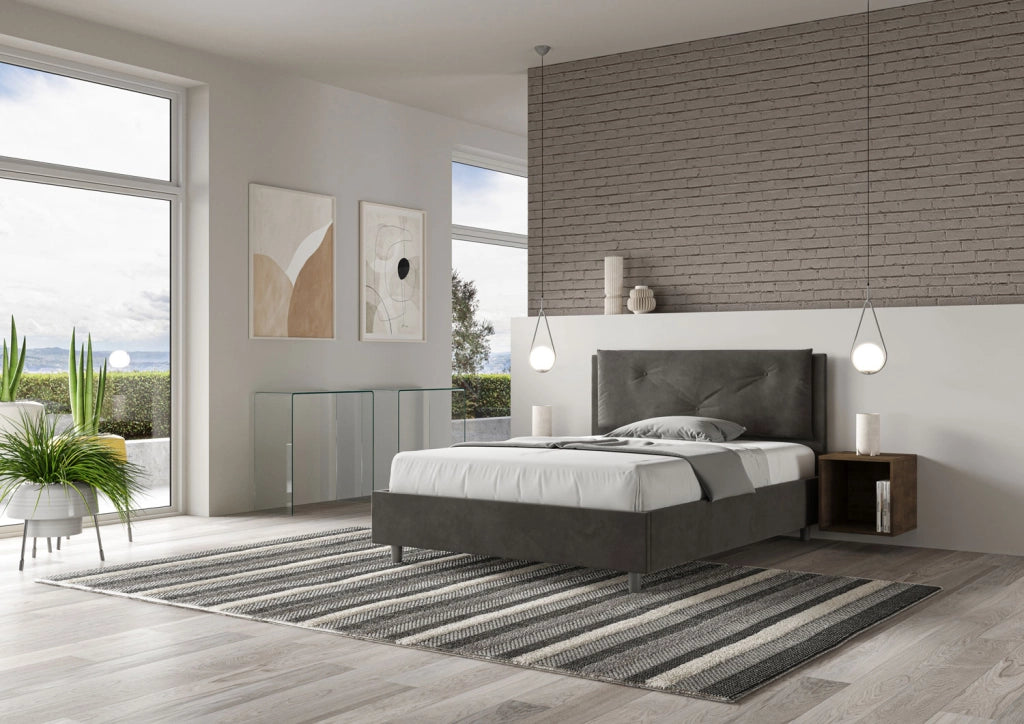 BS COM Letto matrimoniale francese contenitore imbottito 140x200 microfibra grigio Large