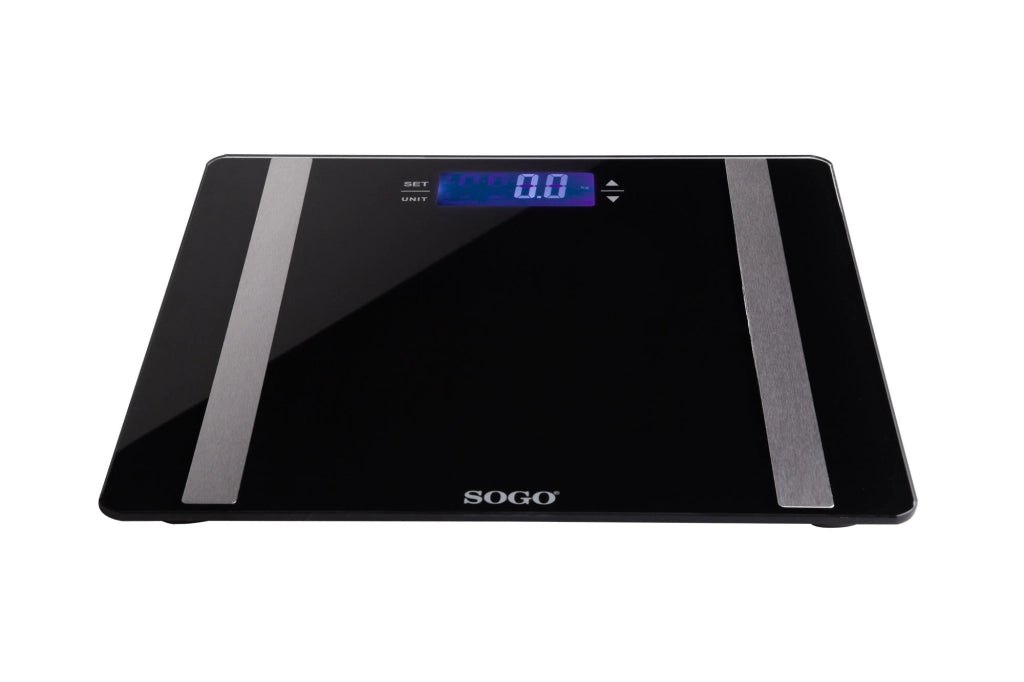 Bilancia pesapersone digitale con misurazione massa grassa e acqua corporea, display LCD, memoria 10 utenti, vetro temperato 6mm - SOGO