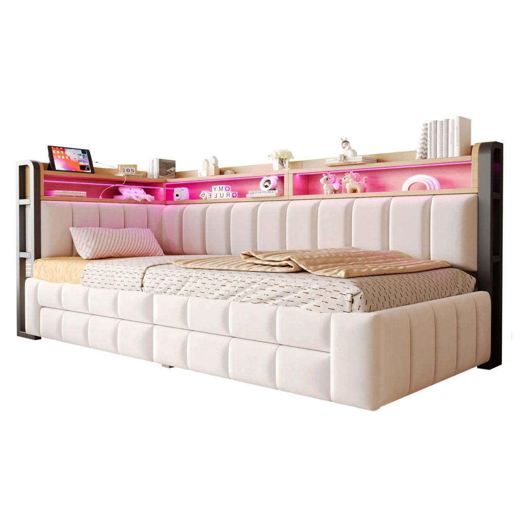 Letto imbottito 90x200 cm con contenitore; LED e porte USB in velluto beige