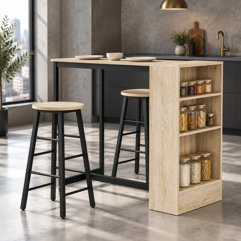 Set tavolo bar con 2 sgabelli e ripiani, nero effetto rovere