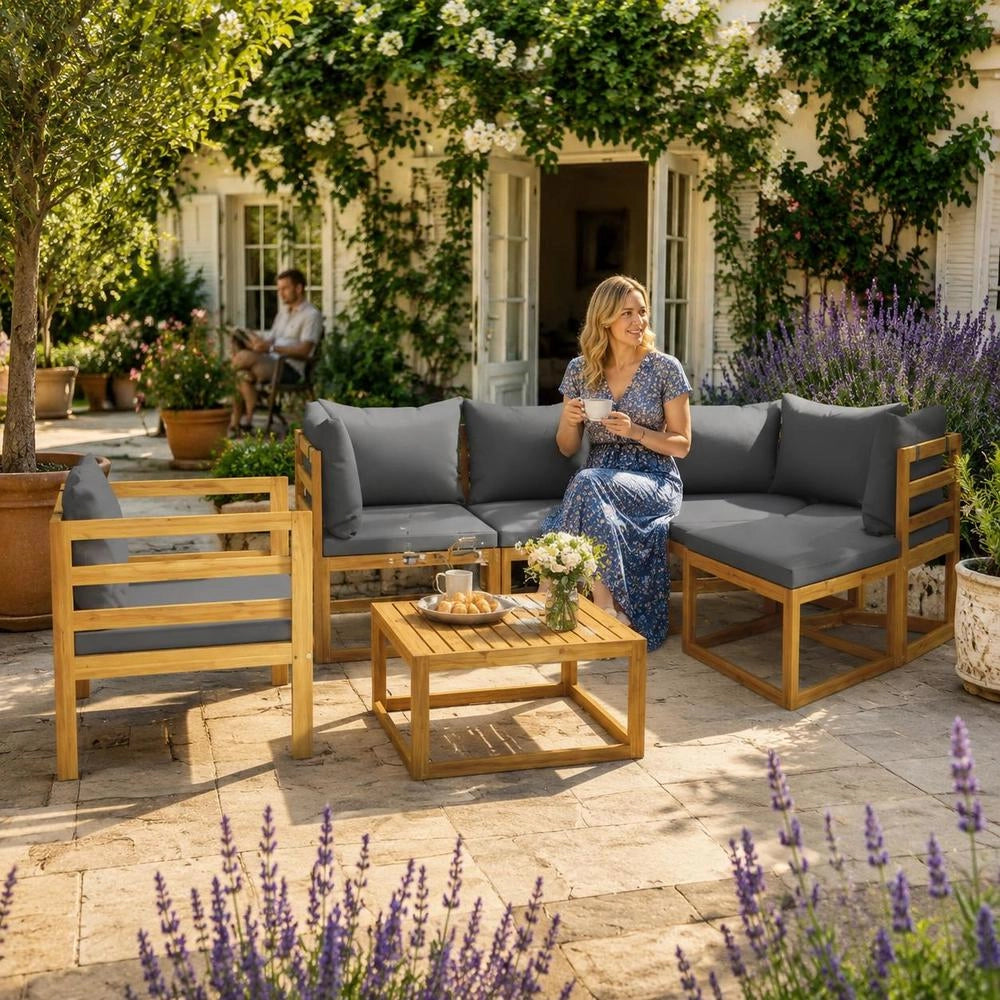 6-piece Garden Lounge Set With Cushions, Solid Acacia Wood