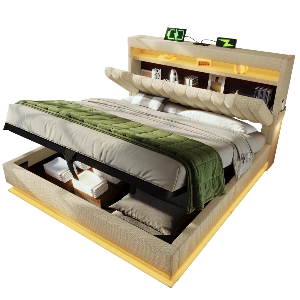 Letti contenitori 180x200 cm; testiera con LED e porte USB; lino beige (Senza materasso)