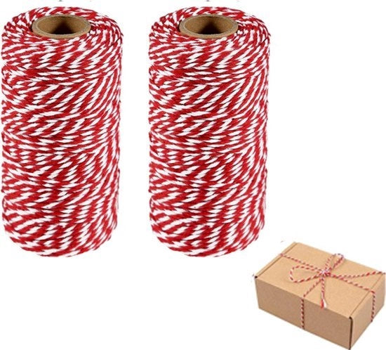 Tessuto - Corda in Cotone - Nastro di Legatura - Confezione per Artigianato - Set di 2 Rotoli 2mm Diametro - Ideale per DIY, Giardino e Confezionamento - Adatto per l'Uso Interno ed Esterno - 100 Metri per Rotolo - Rosso e Bianco