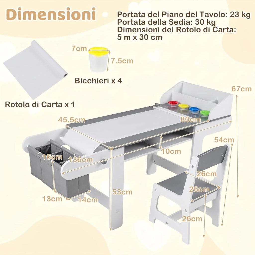 Set Tavolo e Sedia per Bambini 3+ Anni con Rotolo di Carta | Tavolo da Disegno Creativo con Vaschette per Colori e Contenitori in Tessuto, Mobile Montessori per Cameretta e Scuola