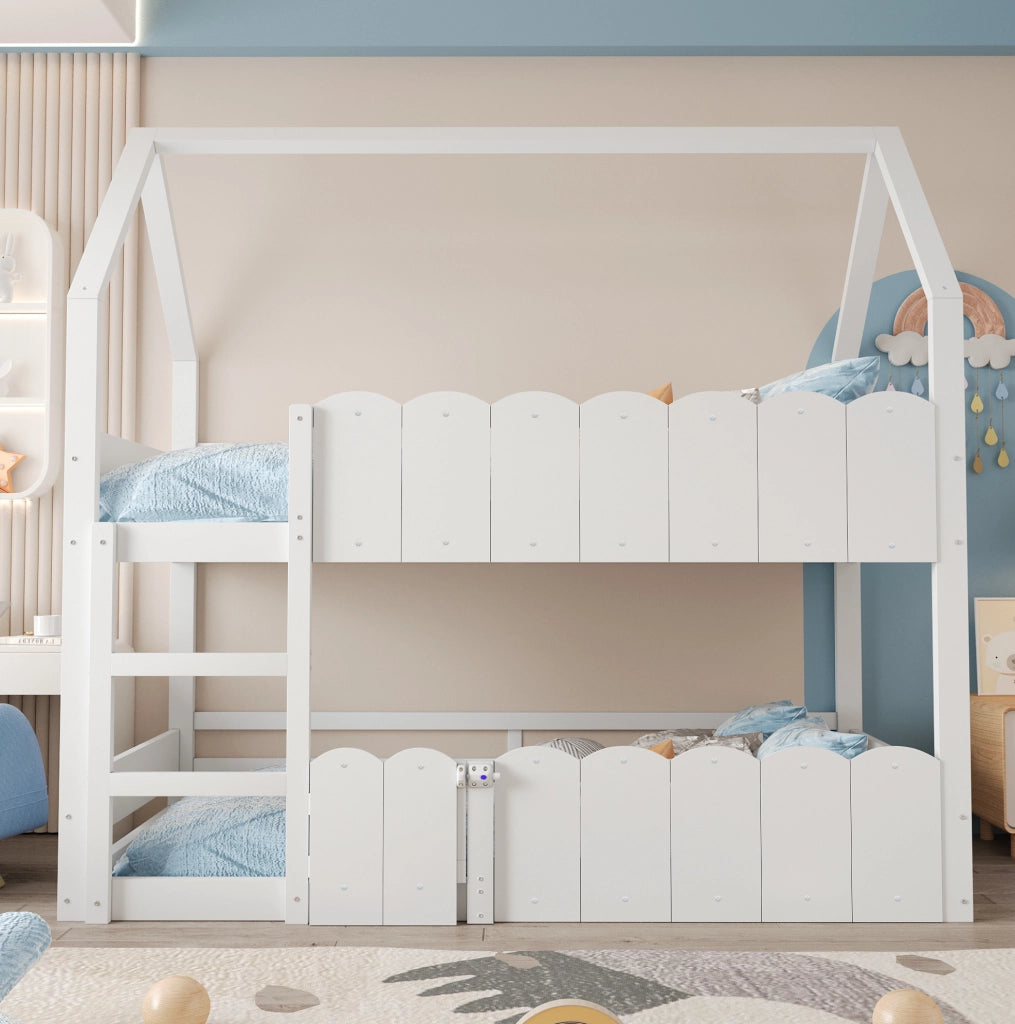 Letto a castello ULEVR 90x200 cm a forma di casa con scala frontale e sponde di sicurezza, bianco