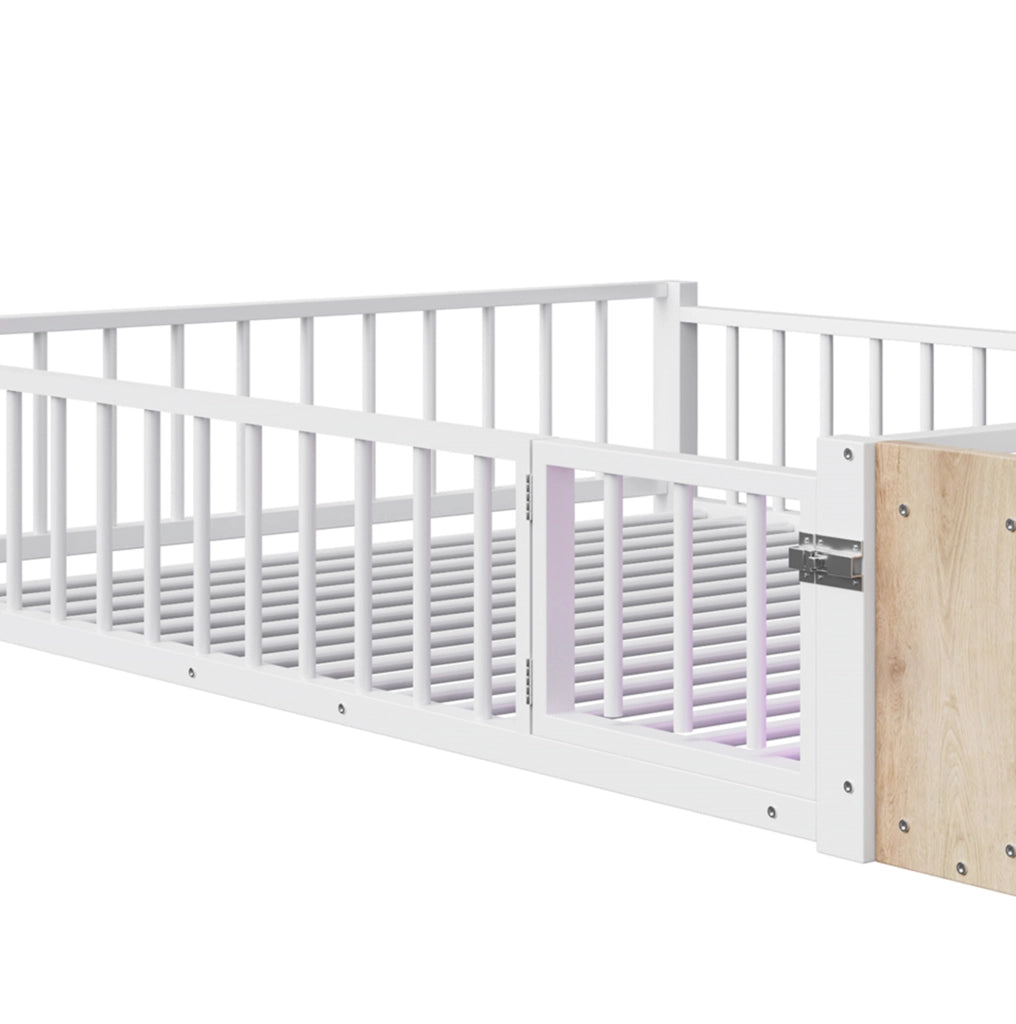 Letto per bambini in metallo 140x200 cm con protezione laterale; ripiano aperto e luci LED; bianco