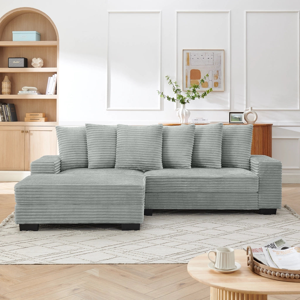 Divano angolare reversibile 4 posti con chaise longue e 6 cuscini in velluto a coste grigio 256,5 × 133,5 × 89 cm