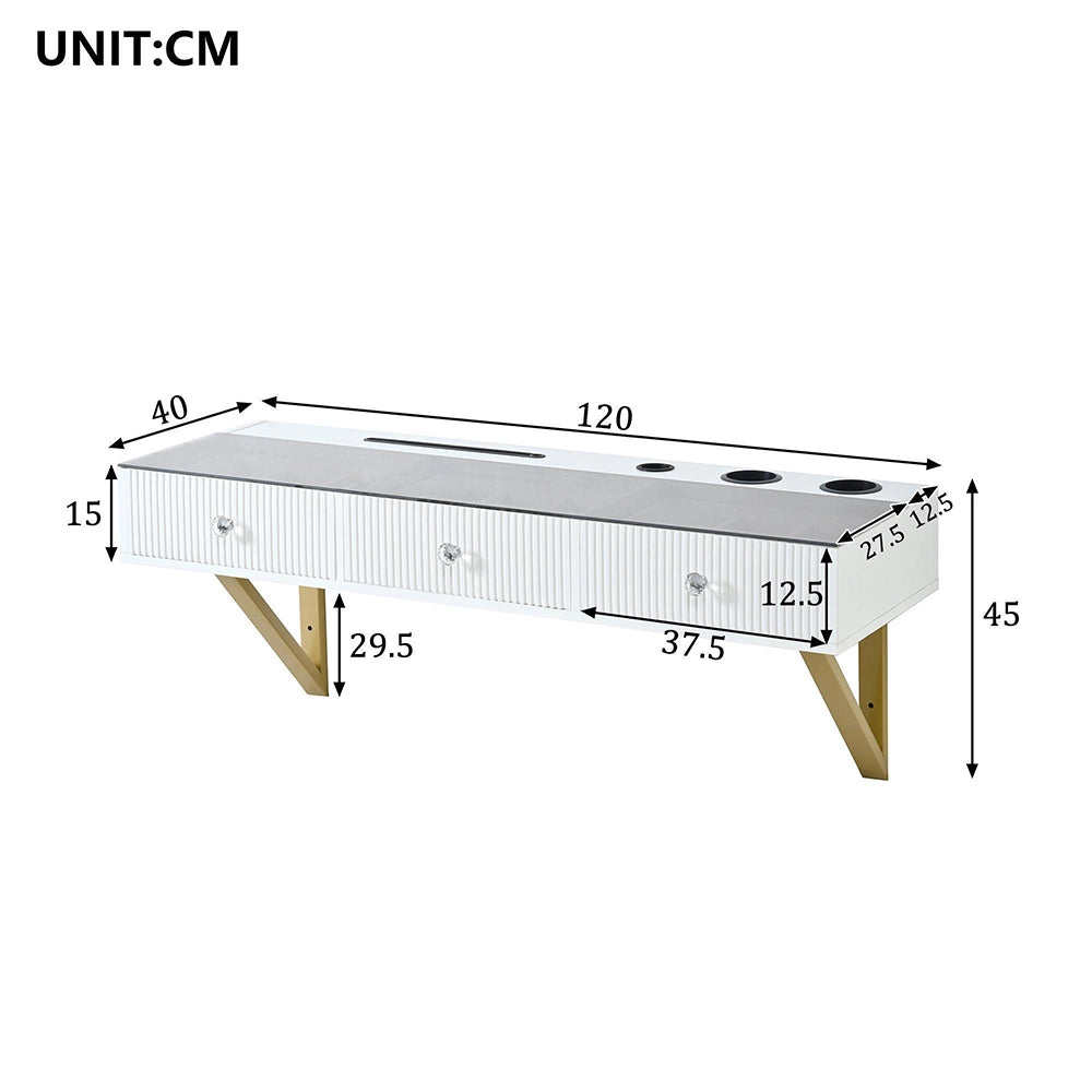 Coiffeuse sospesa con 3 cassetti - Xylo - 120¡Á40¡Á45cm - Bianco - Piano in vetro e porta bicchieri
