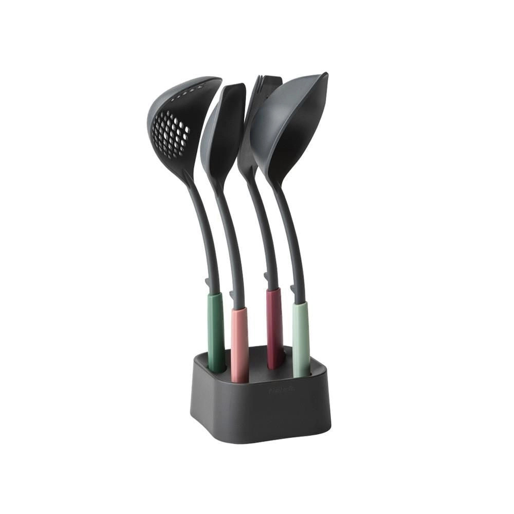 Brabantia 123184 Tasty+ Set Utensili da Cucina 4 Pezzi con Supporto in Nylon Termoresistente Fino a 220 °C Lavabile in Lavastoviglie colore Multicolore