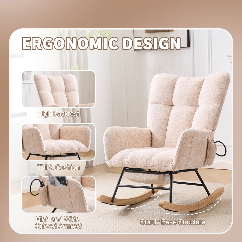 POLTRONA A DONDOLO con poggiapiedi e vano portaoggetti, Chenille Beige