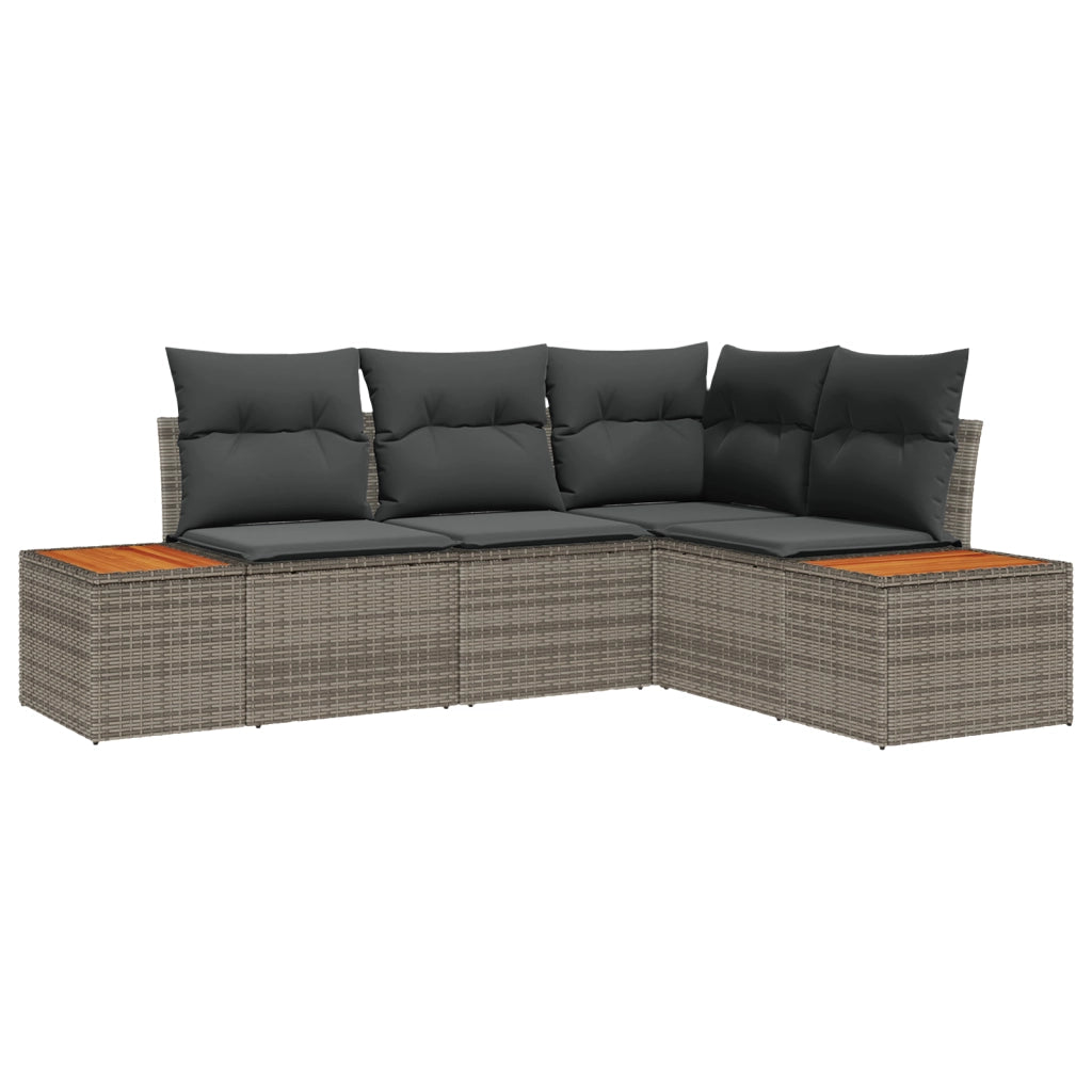 Set di divani da giardino a 4 pezzi con cuscini in polyrattan grigio e acacia