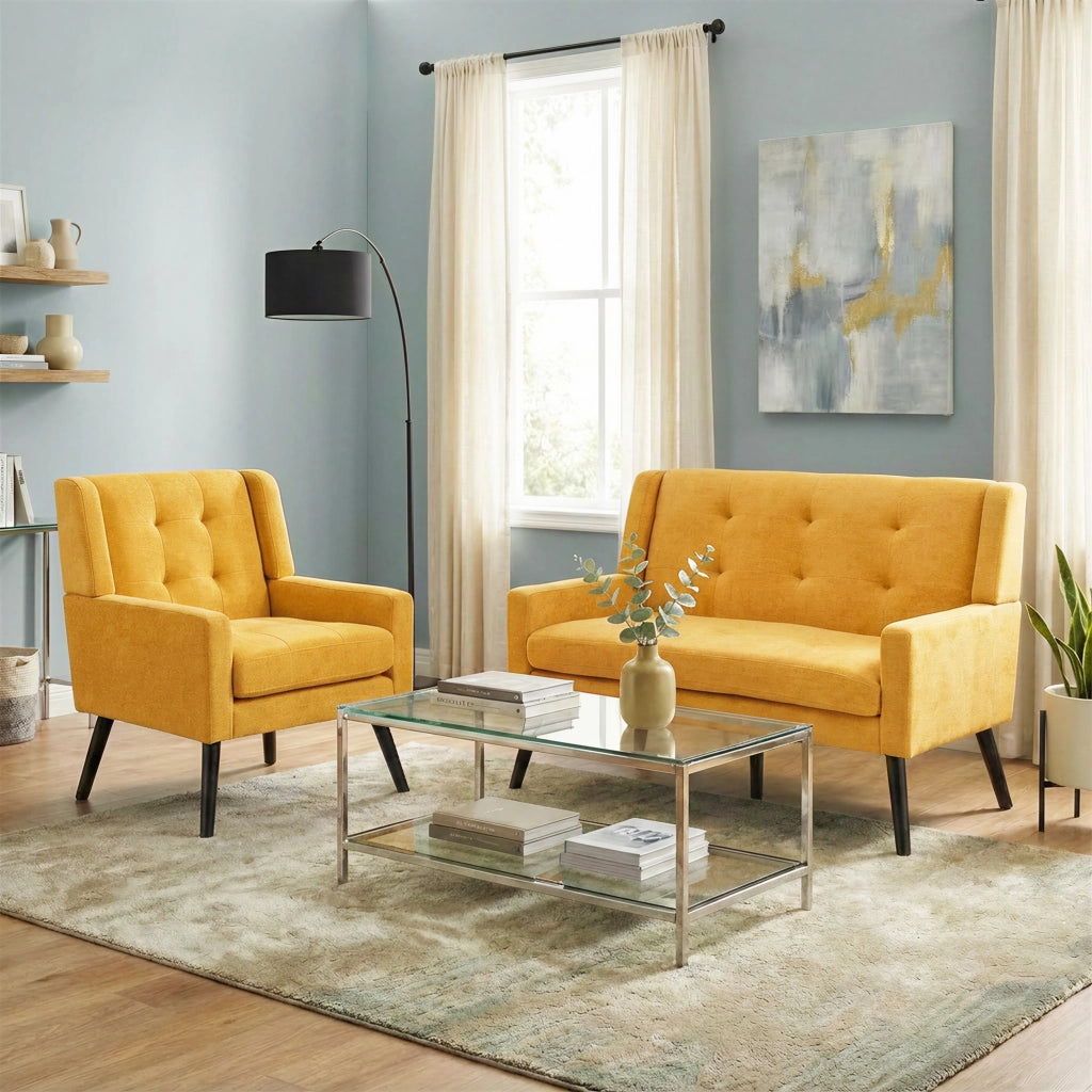 Fauteuil set da 2 con cuscini ad alta densità e tufting, gambe in legno massello giallo per soggiorno e home office