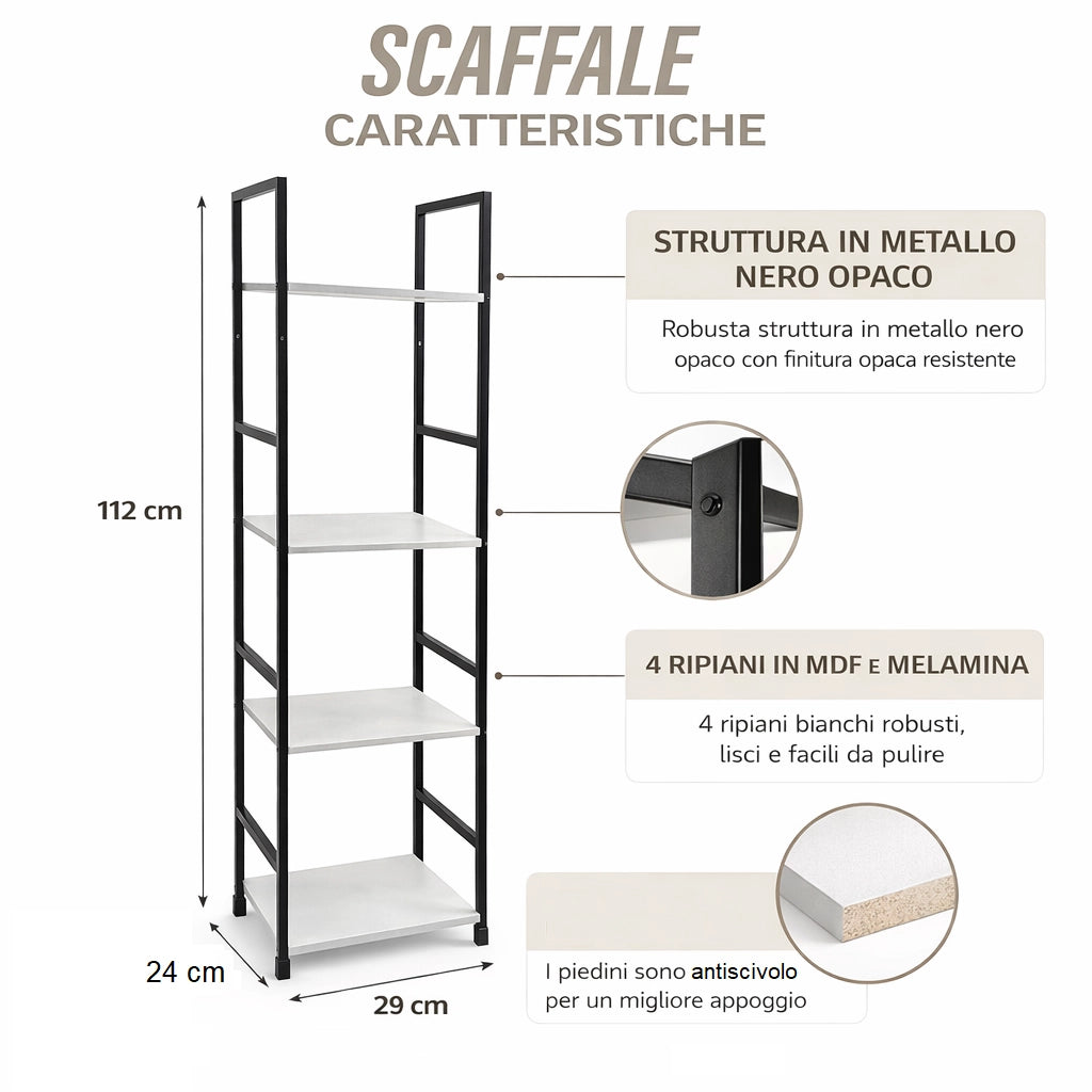 Mobile Scaffale Industrial 4 Ripiani Metallo Nero Legno Mdf Bianco 29x24 H112cm