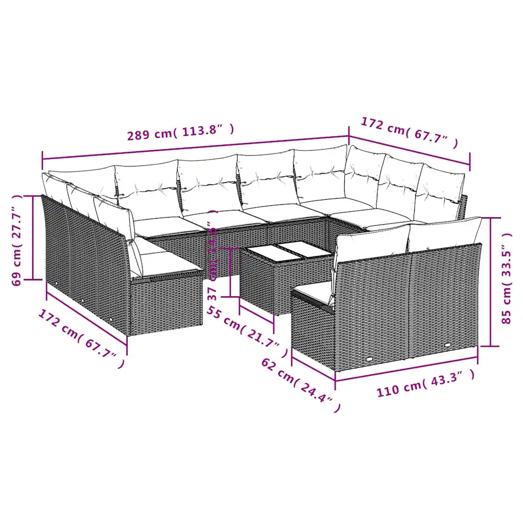 Set Divani da Giardino 12 pz con Cuscini Marrone in Polyrattan