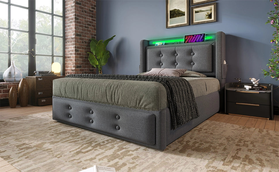 DESMIU Letto contenitore letto singolo 90 × 200 cm con LED, USB, Tipo C e presa, senza materasso grigio