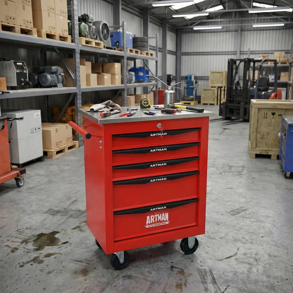 Carrello Portautensili 5 Cassetti con Ruote ¨C MINIMAL ¨C Acciaio Inox, Rosso e Nero
