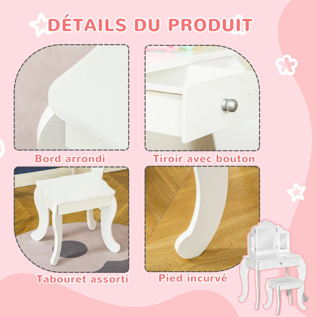 Scrivania con Specchio e Cassetto per Bambini ¨C zephmum ¨C Bianco 63x40x85.5 cm
