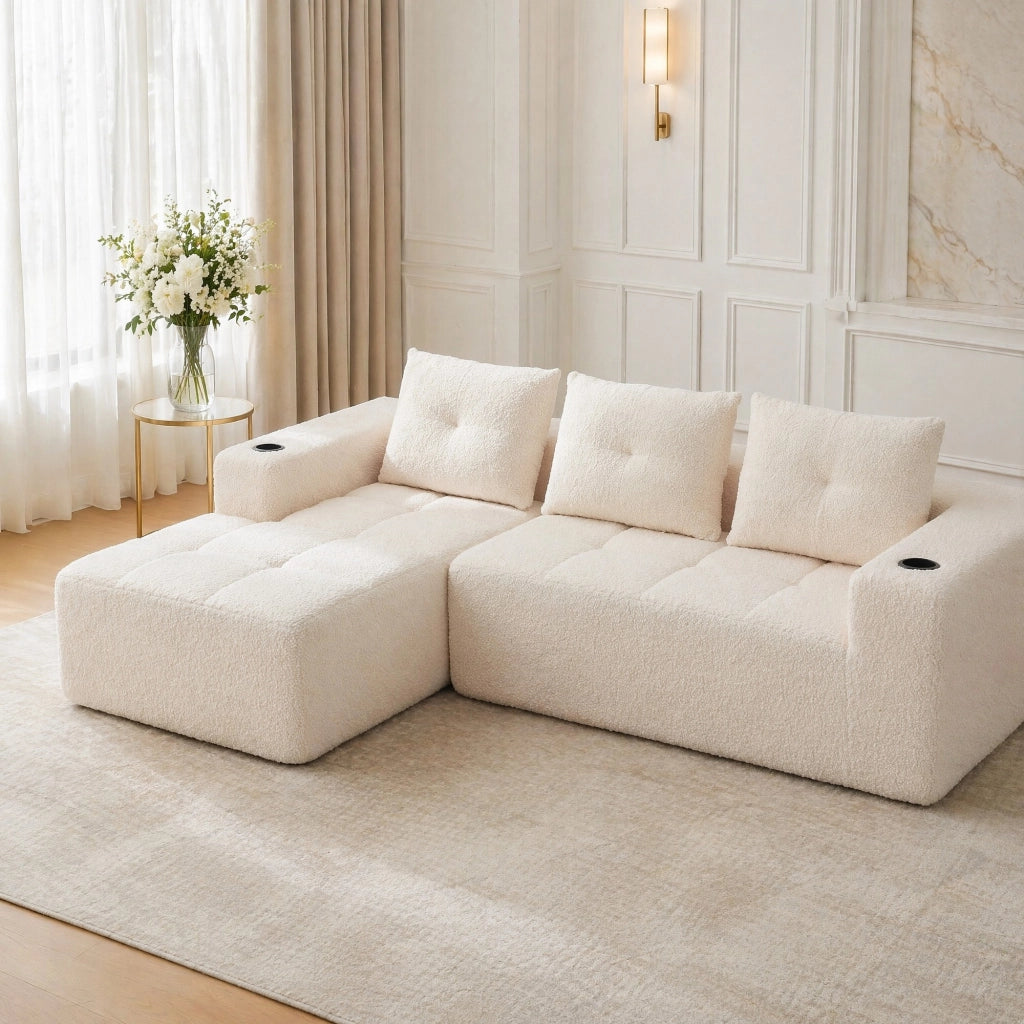 Divano ad angolo 4-5 posti con portabicchieri in poliestere beige 258 cm