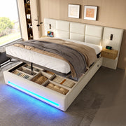LETTO Contenitore 160x200 cm in velluto beige con testiera ampia, LED e USB-C