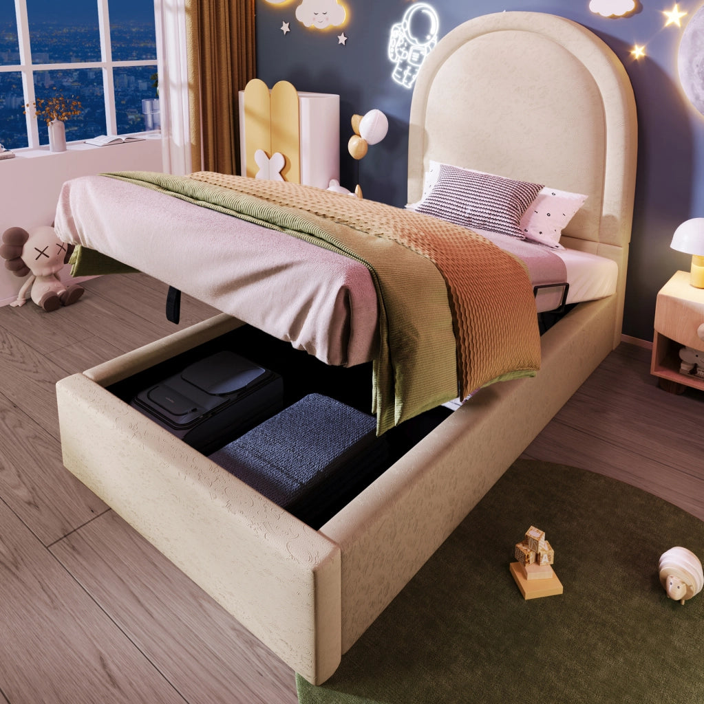 Letto per bambini 90x200 cm con contenitore idraulico; similpelle beige