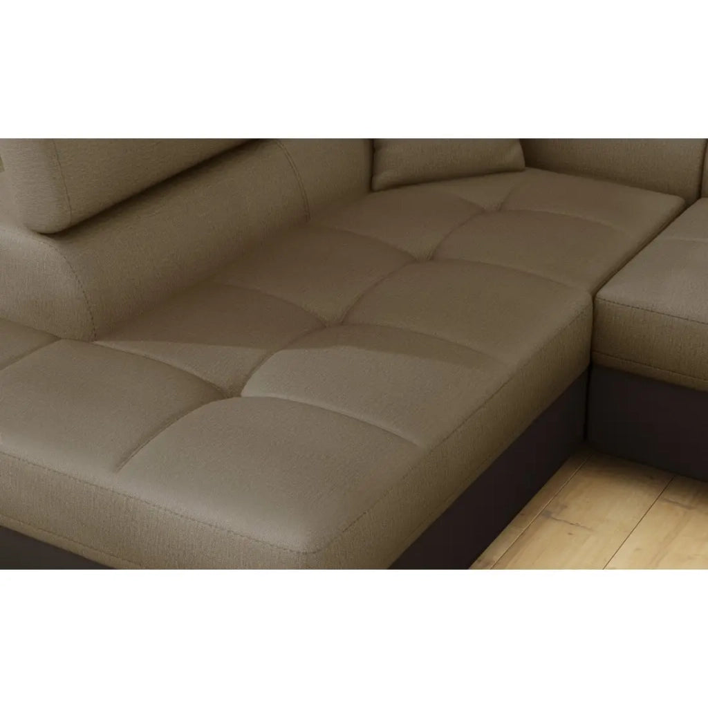 Divano angolare trasformabile MENTON beige e marrone bouclé – Angolo sinistro con contenitore