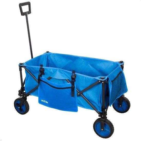 Carrello trasportabile pieghevole per spiaggia e giardino - blu - fino a 80 kg di capacità di carico - ruote 360° giranti - con freni - maniglia multi-punto - 2 borse - con sacco - portabagagli