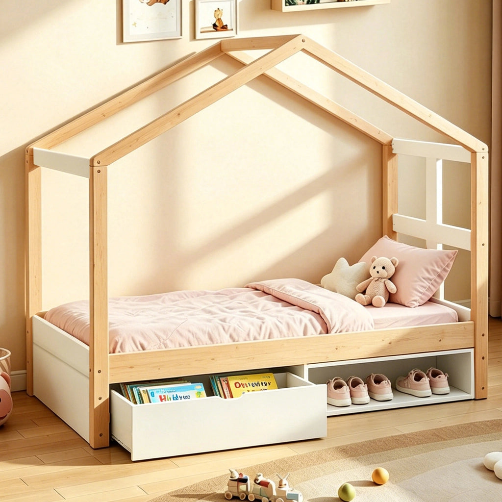 Letto per bambini 90 × 190 cm con cassetto contenitore, scarpiera e LED multicolore, senza materasso, legno naturale
