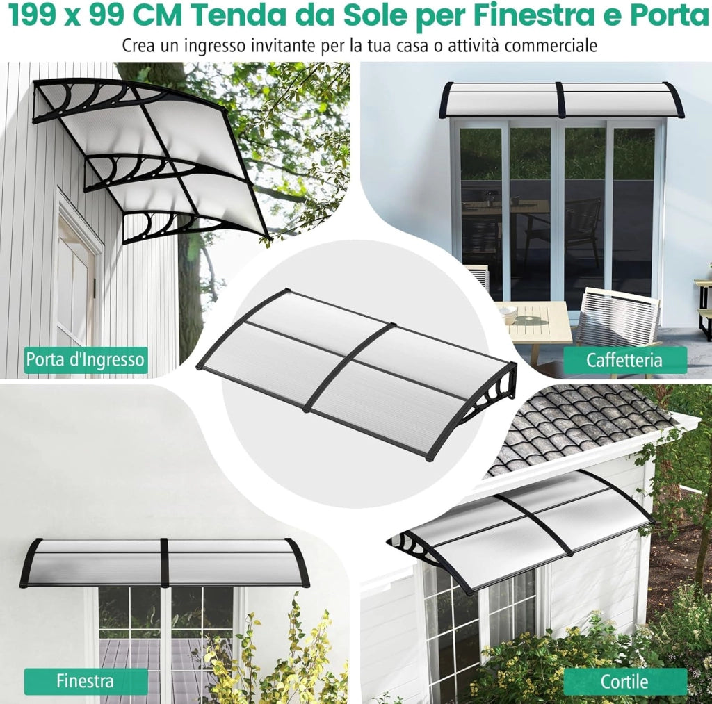 Tettoia per Porta Finestra, Pensilina Tettoia per Porta Balcone Esterno, per Protezione da Sole, Pioggia, Neve e Vento, 199 x 99 cm (Dimensione 2)