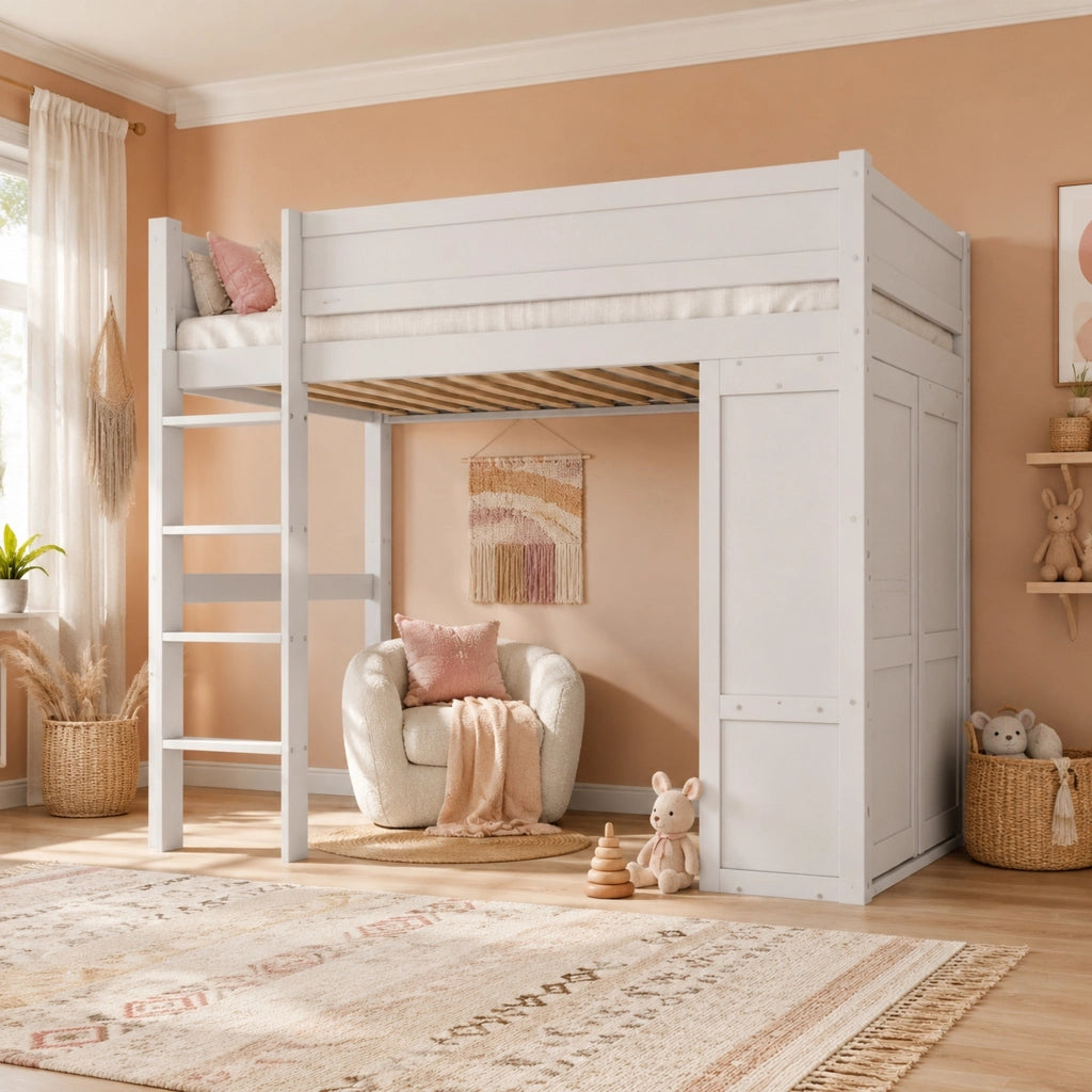 Letto a soppalco 90x200 cm con armadio e vano portaoggetti; pino e MDF; bianco