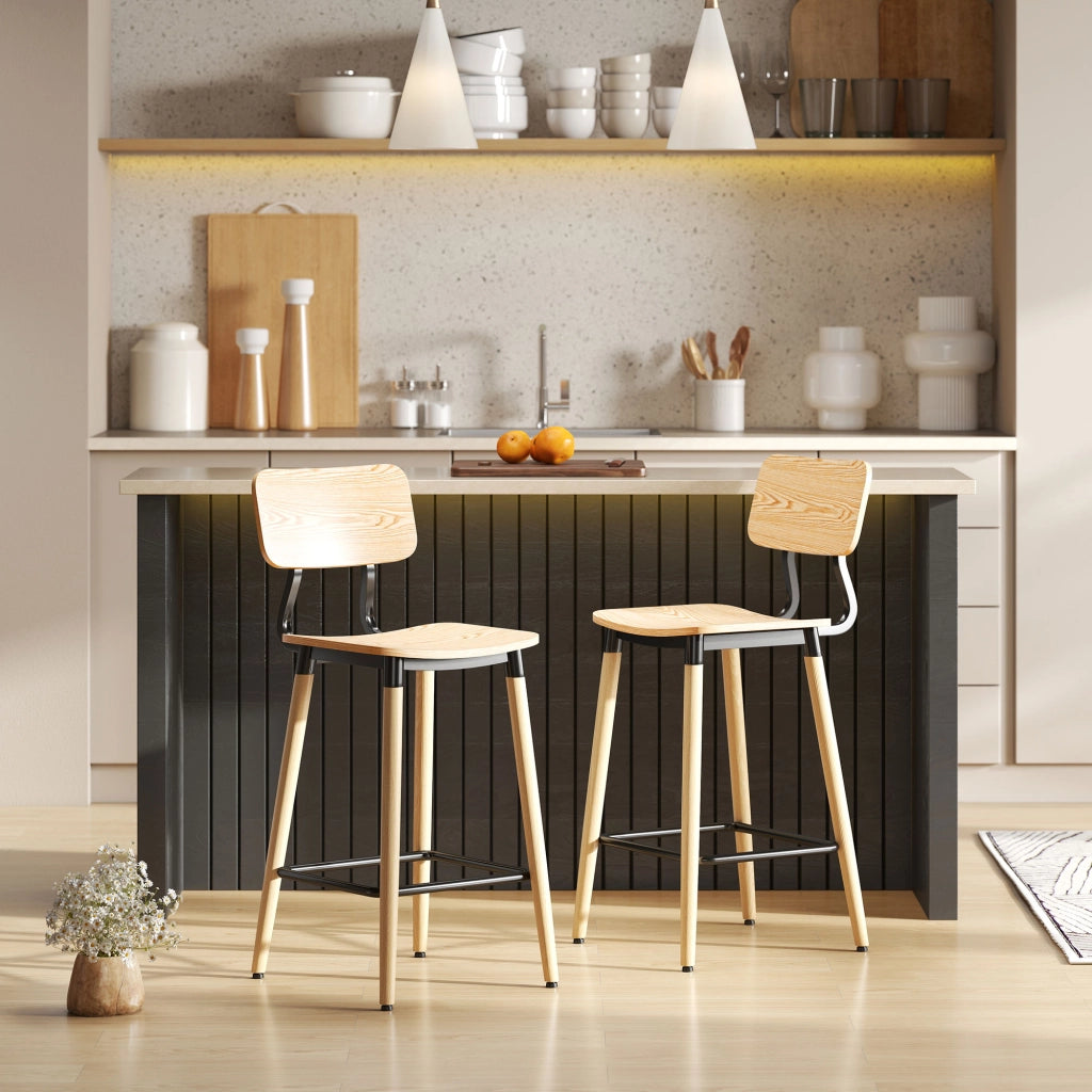Set 2 Sedie da Bar con Schienale ¨C zephmum ¨C Legno e Metallo Colore Chiaro