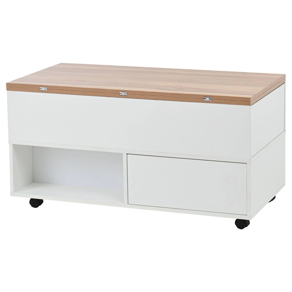 Tavolino da Caff¨¨ Sollevabile con 4 Cassetti e Ruote ¨C MINIMAL ¨C Bianco/Legno, 100x50x52