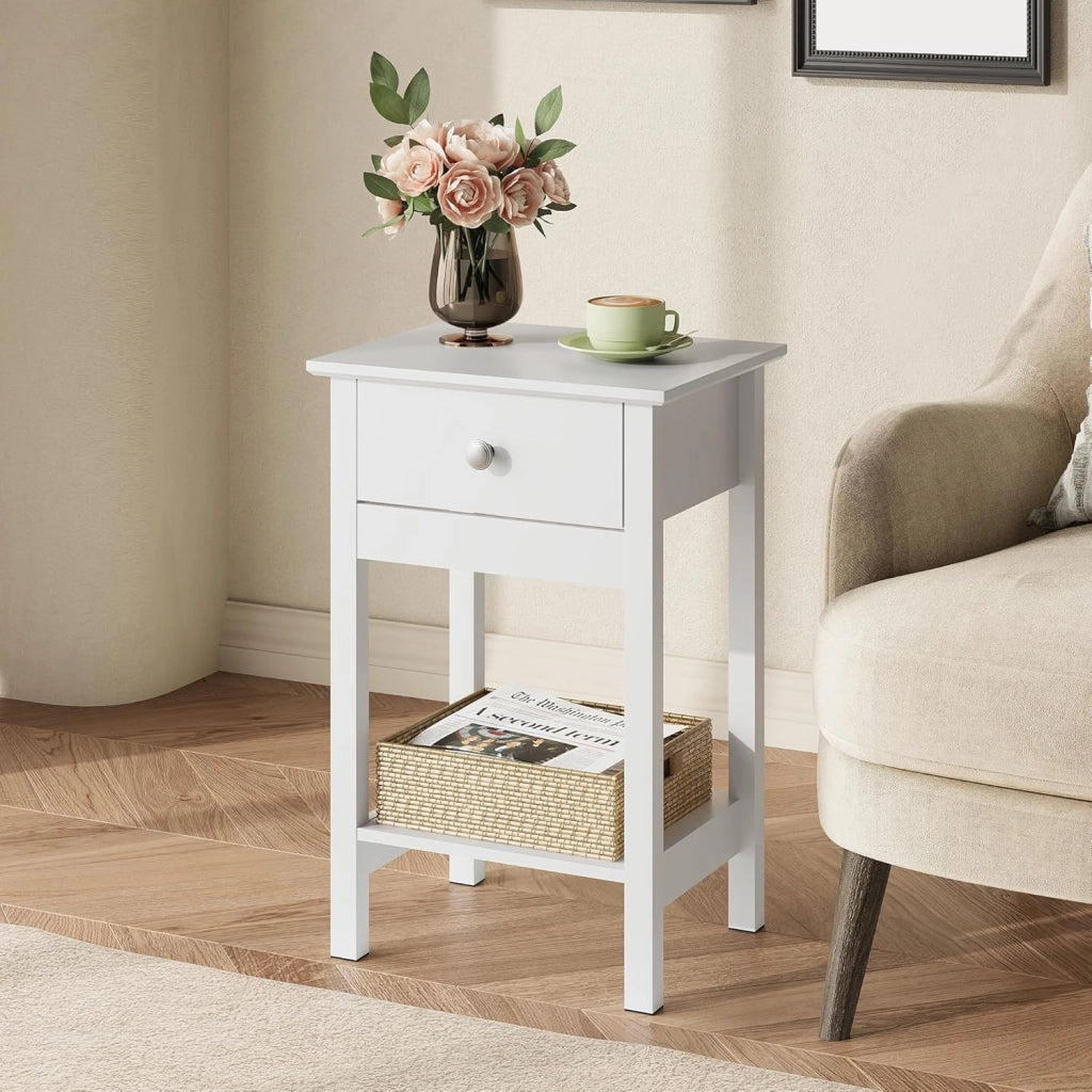 Comodino in legno con cassetto e ripiano ¨C zephmum ¨C Bianco
