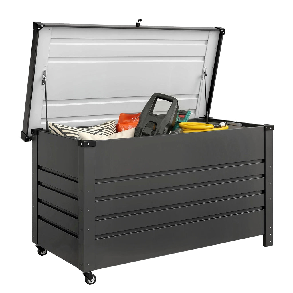 Cassa 350L, Box Metallo con Coperchio Bloccabile, Ruote, Maniglie Laterali, Grigio