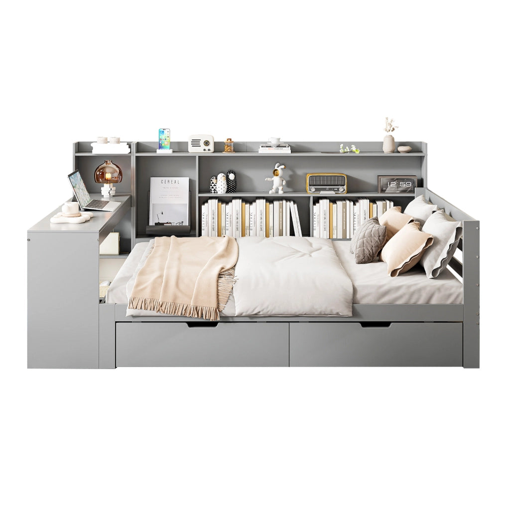 Divano letto multifunzione 140x200 cm con scrivania; libreria; 2 cassetti e prese USB; grigio