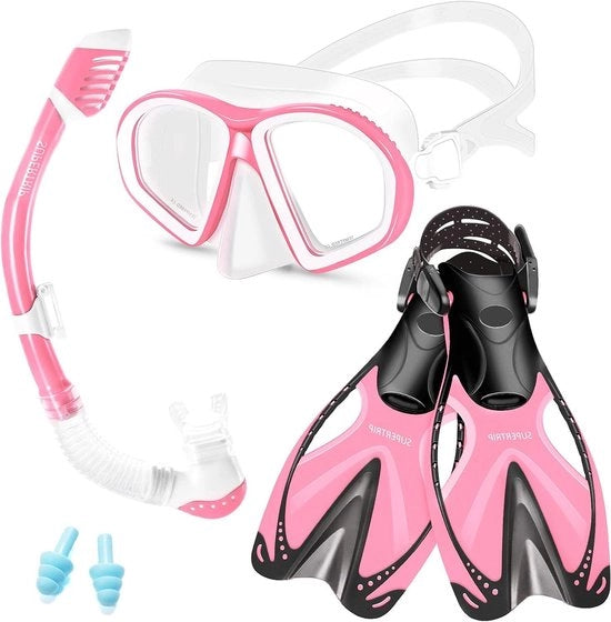 Set di snorkeling per bambini a 3 pezzi con occhiali da sub, vetro resistente, snorkel Dry e pinne regolabili