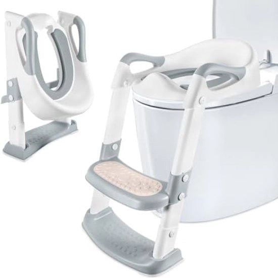 Toilet per bambini con cuscino in PU morbido, riduttore di altezza toilette con scala, riducibile e pieghevole, adattatore per toilette antiscivolo