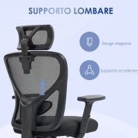 Sedia da Ufficio Ergonomica con Altezza Regolabile, Supporto Lombare e Poggiatesta, 66x61x106-116cm Nero