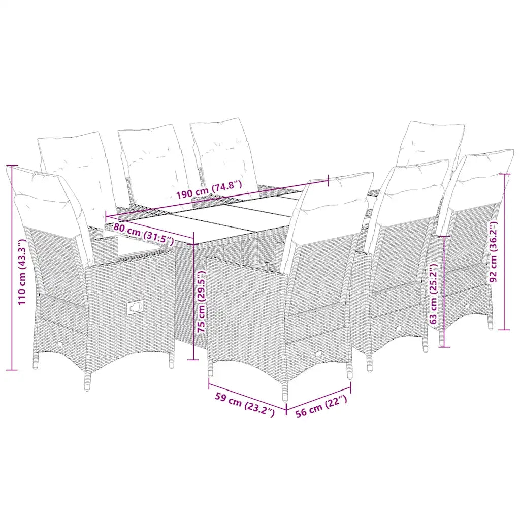 Set da Pranzo da Giardino 9 pz con Cuscini in Polyrattan Grigio 3276745