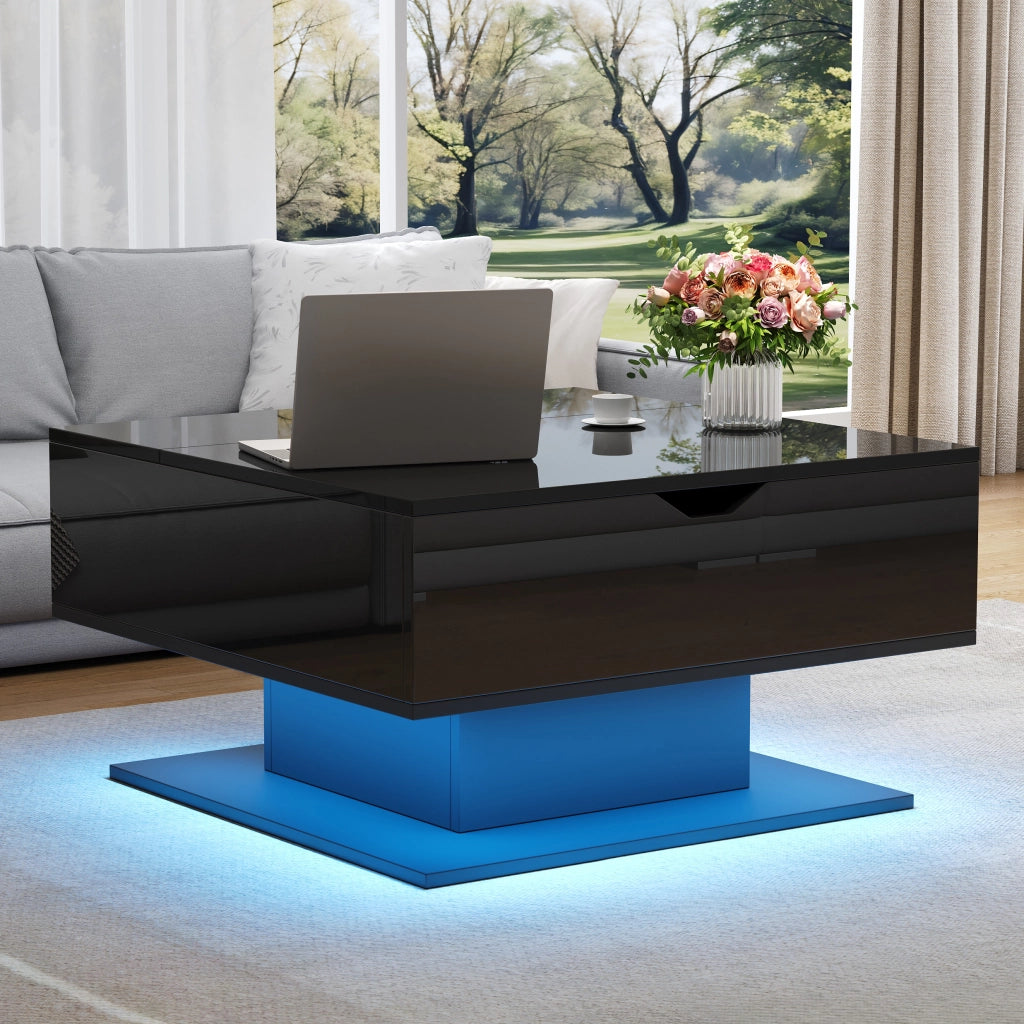 TAVOLO DA SALOTTO Alzabile 80x75x40 cm Nero con LED e vano portaoggetti