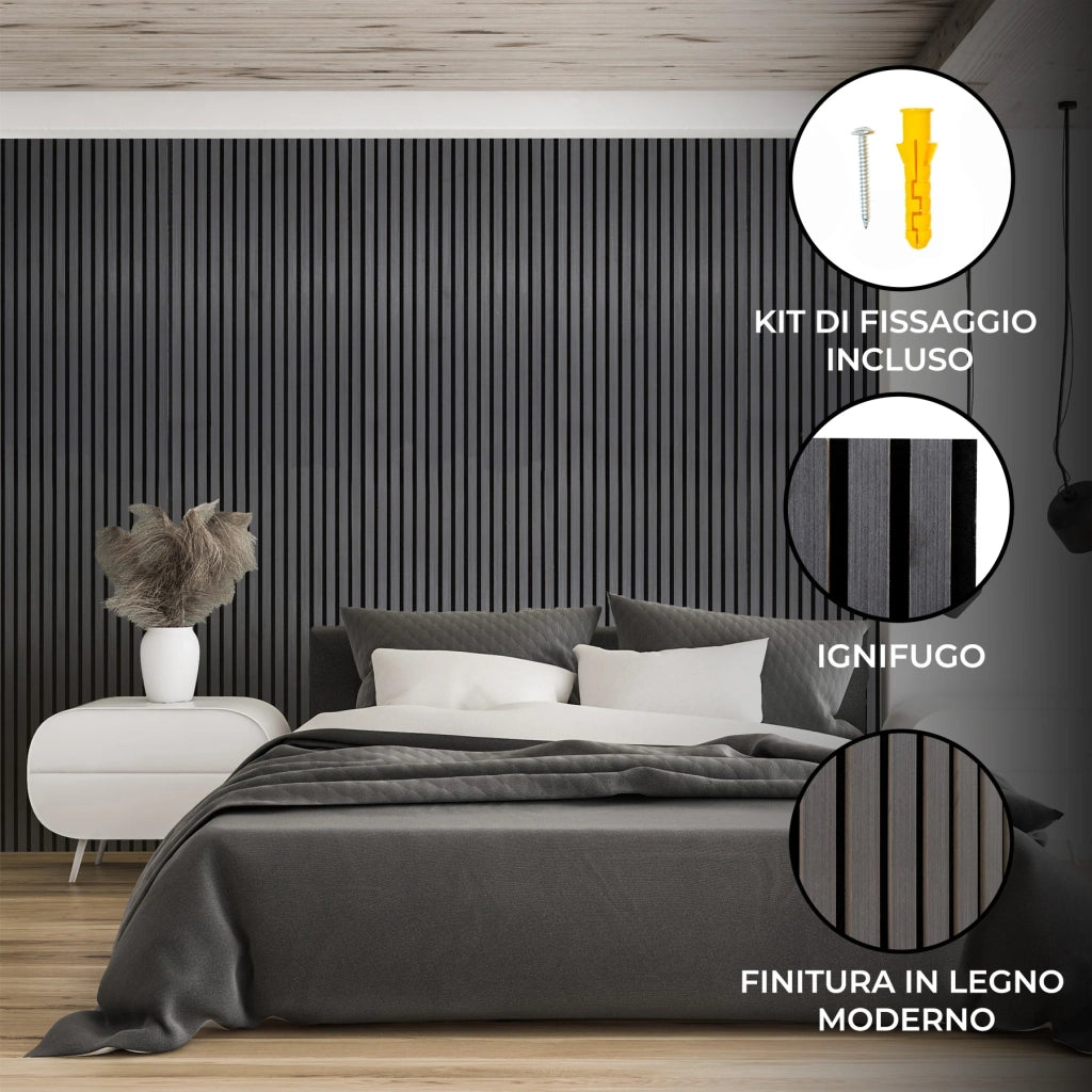 Tre Pannelli Fonoassorbenti con Doghe Grigio Antracite 3D 2400 x 600mm