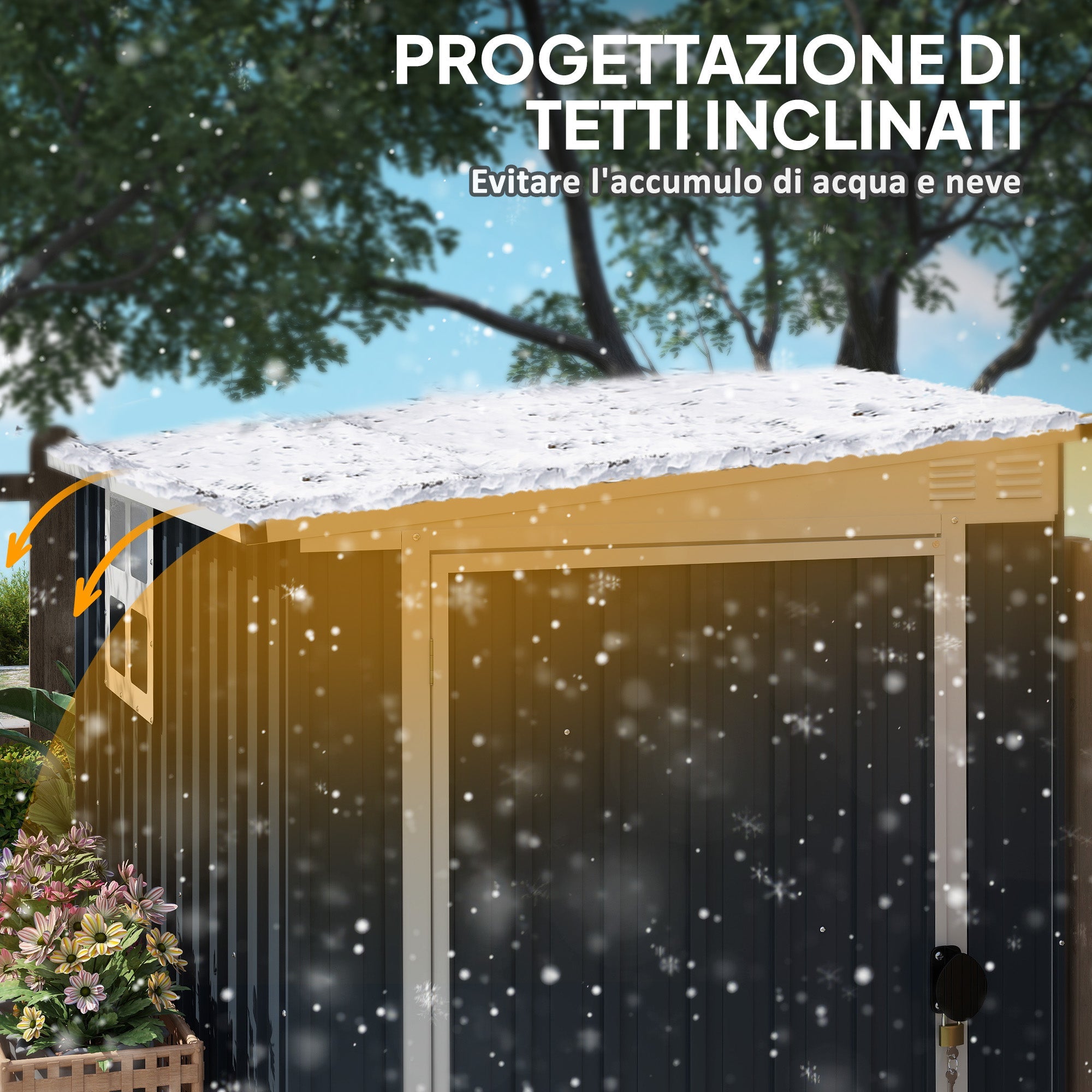 Casetta da Giardino con Finestra 128x193x161-181H cm con Serratura e Chiavi Incluse in Acciaio Grigio Scuro